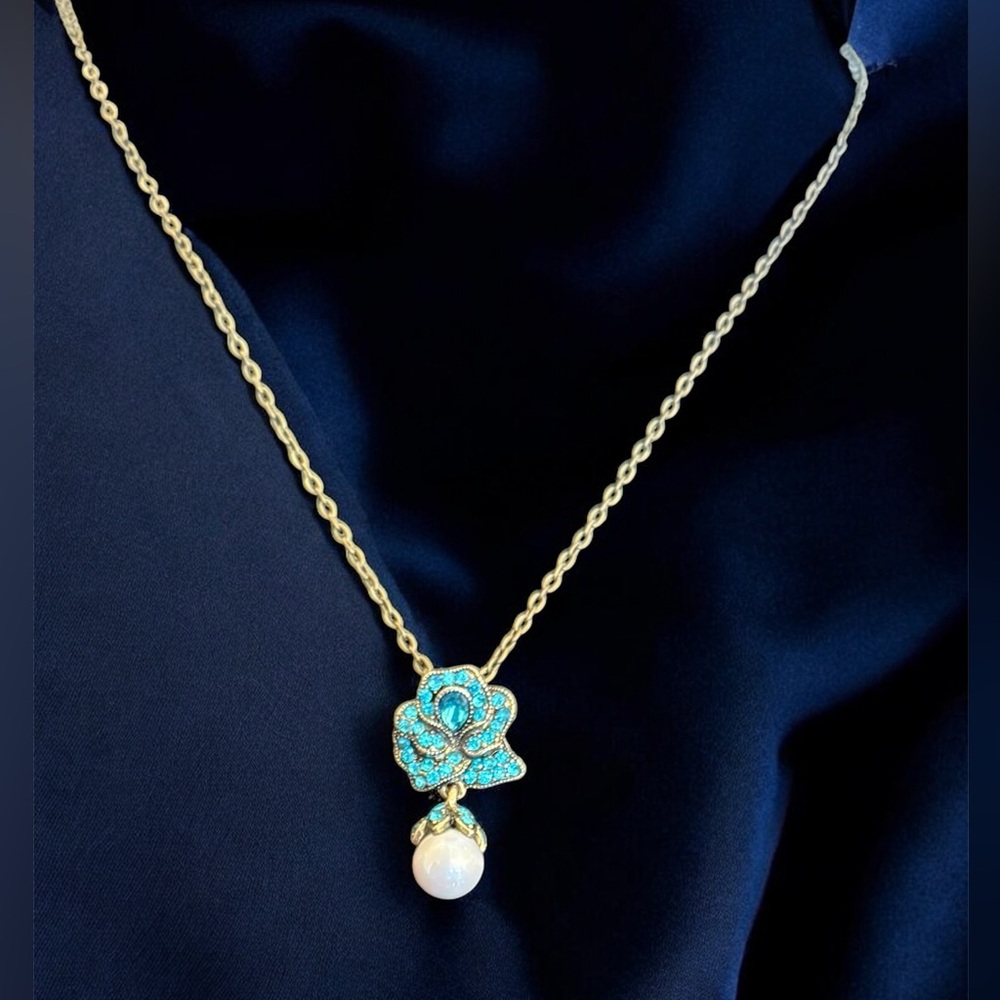 Heidi Daus Turquoise Swarovski Crystal Floral Pendant With Pearl Tear Drop